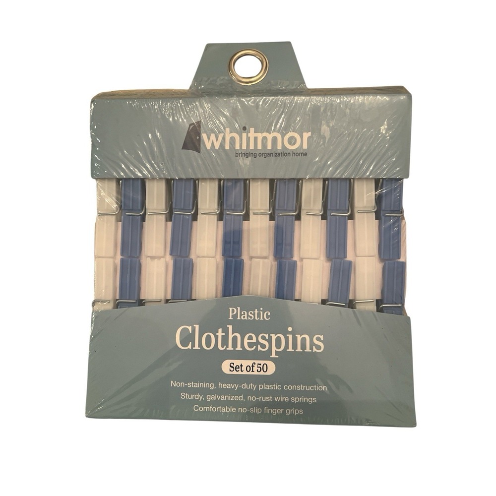 Whitmor Plastic Clothespins 50 Blue & White Sturdy No-rust Wire Springs  NEW